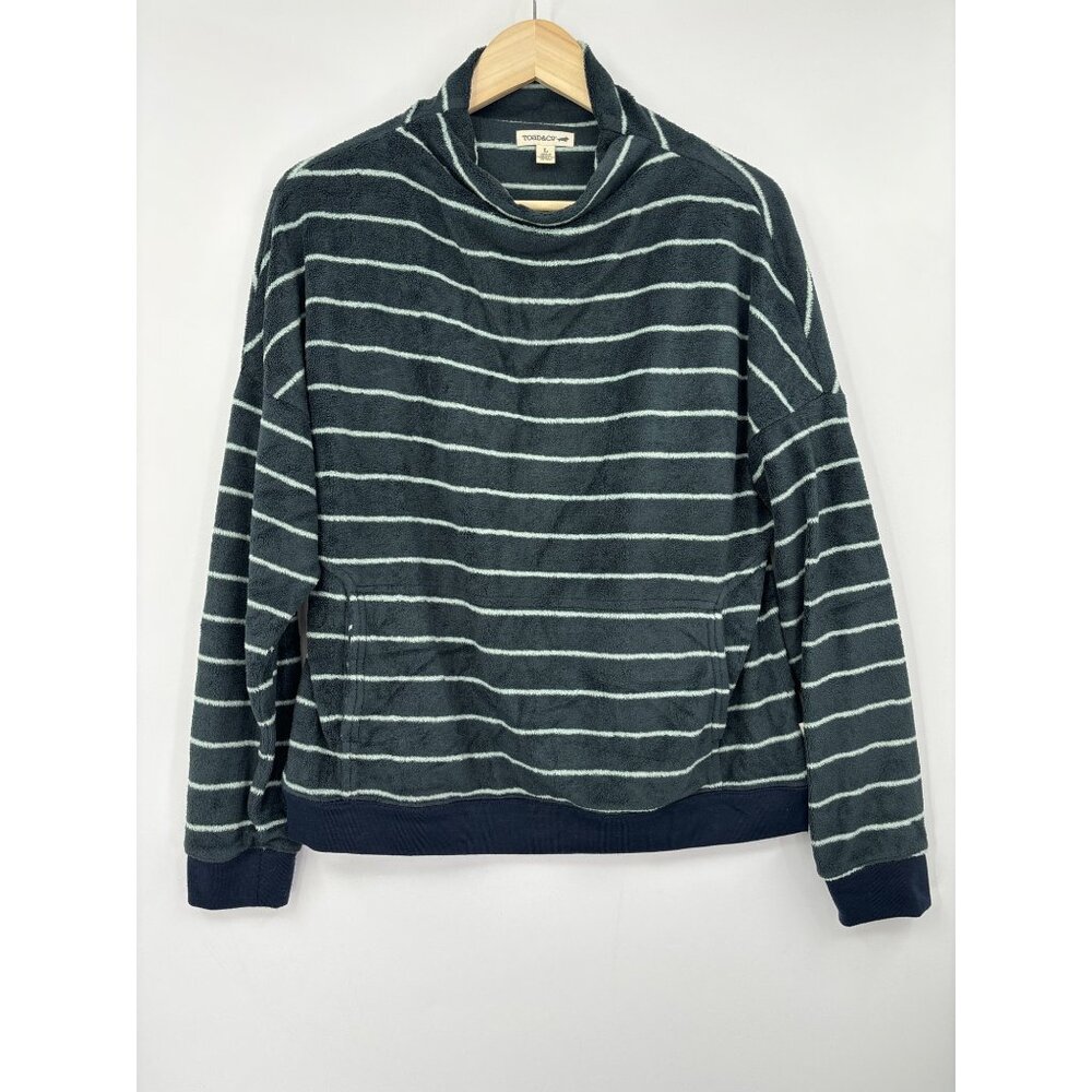 Toad & Co. Fleece Striped Mock Neck Pullover Sweater Top Pocket Green Large